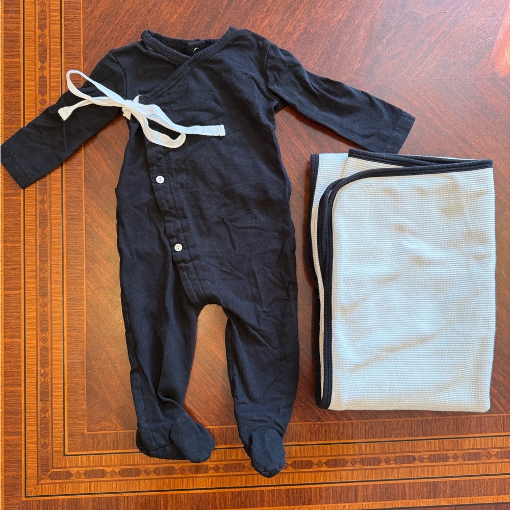 Black Footed Baby One-Piece with White Tie Closure